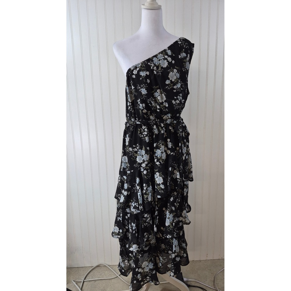 Petal + Pup Black Floral One Shoulder Tiered Ruffle Maxi Dress XL Wedding Guest